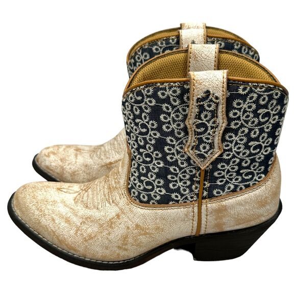 Laredo Kymber Western Ankle Boots Womens 7 M Beige Blue Cowboy Round Toe Leather - Picture 3 of 7